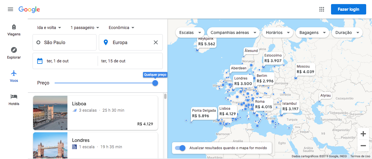 Mapa de destinos no Google Voos