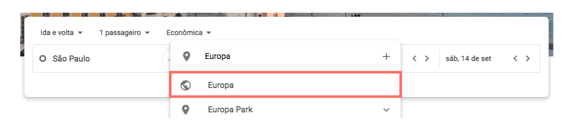 Escolhendo o destino no Google Flights
