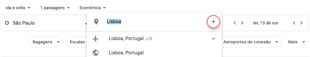 Escolhendo múltiplos aeroportos no Google Voos