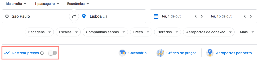 Rastrear preços Google Flights